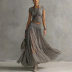 Women's Solid Lace Patchwork Sheer Maxi Skirt Set 2026 Summer Elegant Short Sleeve Crop Top & Long Skirt Outfit Spring Boho Suit by Adornity