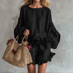 Bohemian Casual Vacation Outfits Woman Elegant O Neck Ruffle Hem Top And Beach Shorts Set Spring Solid Loose Fit Streetwear Suit by Adornity