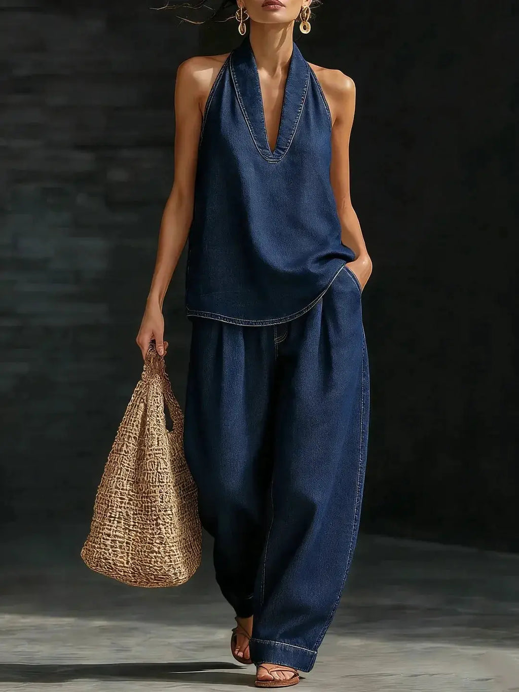 2026 Summer Women Sleeveless Denim Suit V-Neck High Waist Casual Loose Pants Outfit Simple Chic Two Pieces Loungewear Sets by Adornity