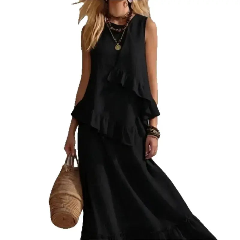Women's Two-piece Sleeveless Irregular Ruffle Top Long Skirt 2026 Summer Cotton And Linen Fashion Casual Loose Solid Color Suit by Adornity