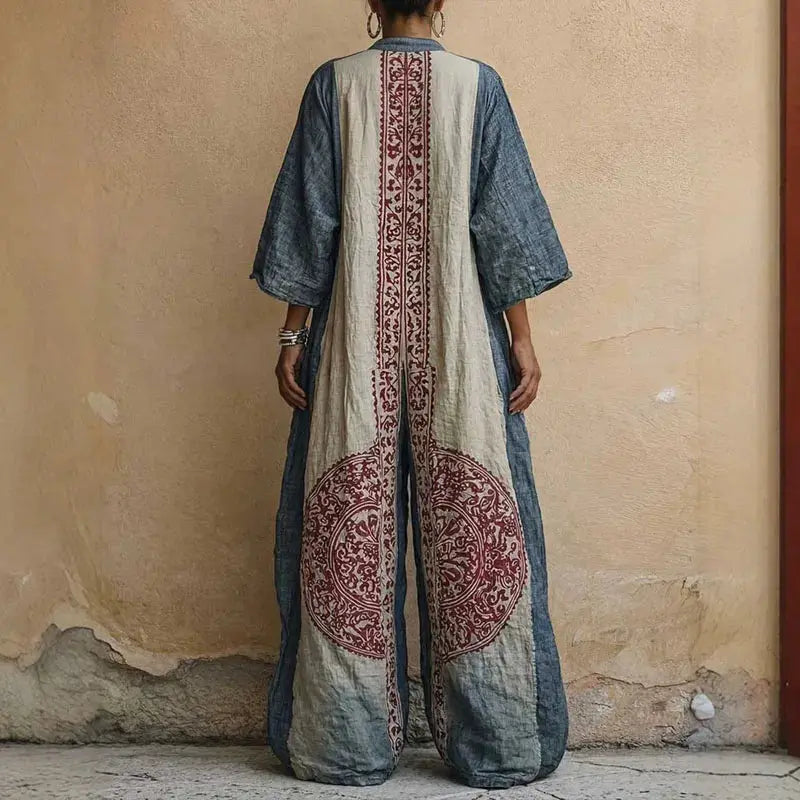 Bohemian Ethnic Pattern Women's Jumpsuit Batwing Sleeve Wide Leg Loose Long Pantsuit 2026 Vintage V Neck Pockets Vacation Romper by Adornity