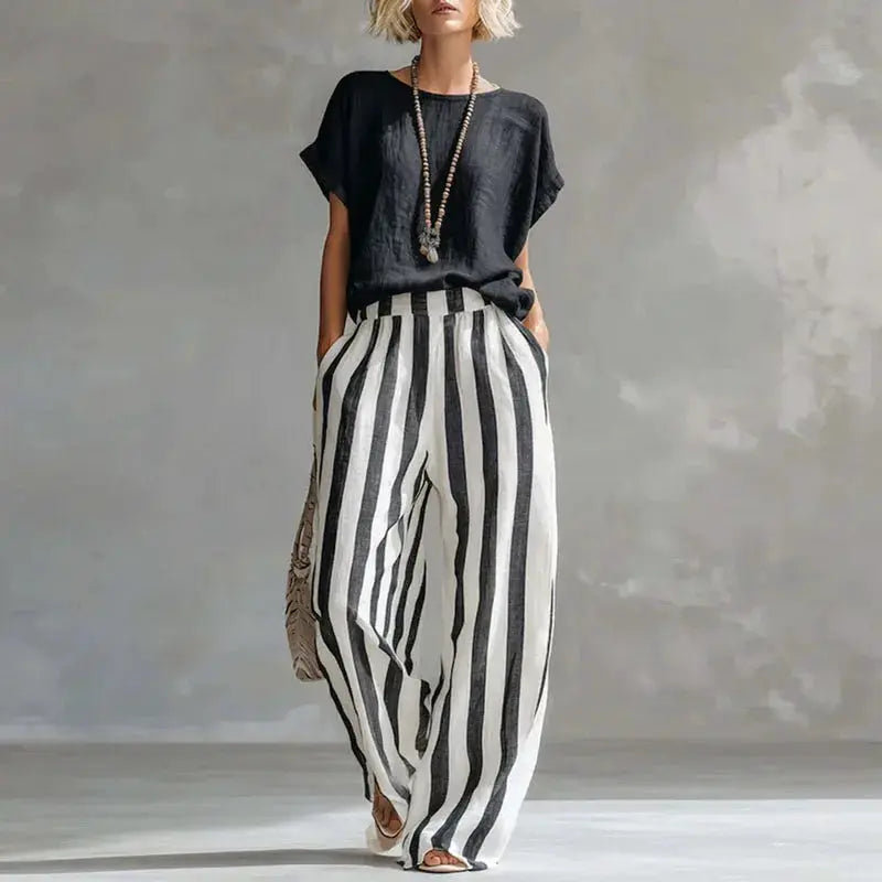 Sexy Crew Collar Top T-shirts Wide Leg Trousers Suit Woman Spring Striped Print Cotton Linen Set Summer Short Sleeve Boho Outfit by Adornity