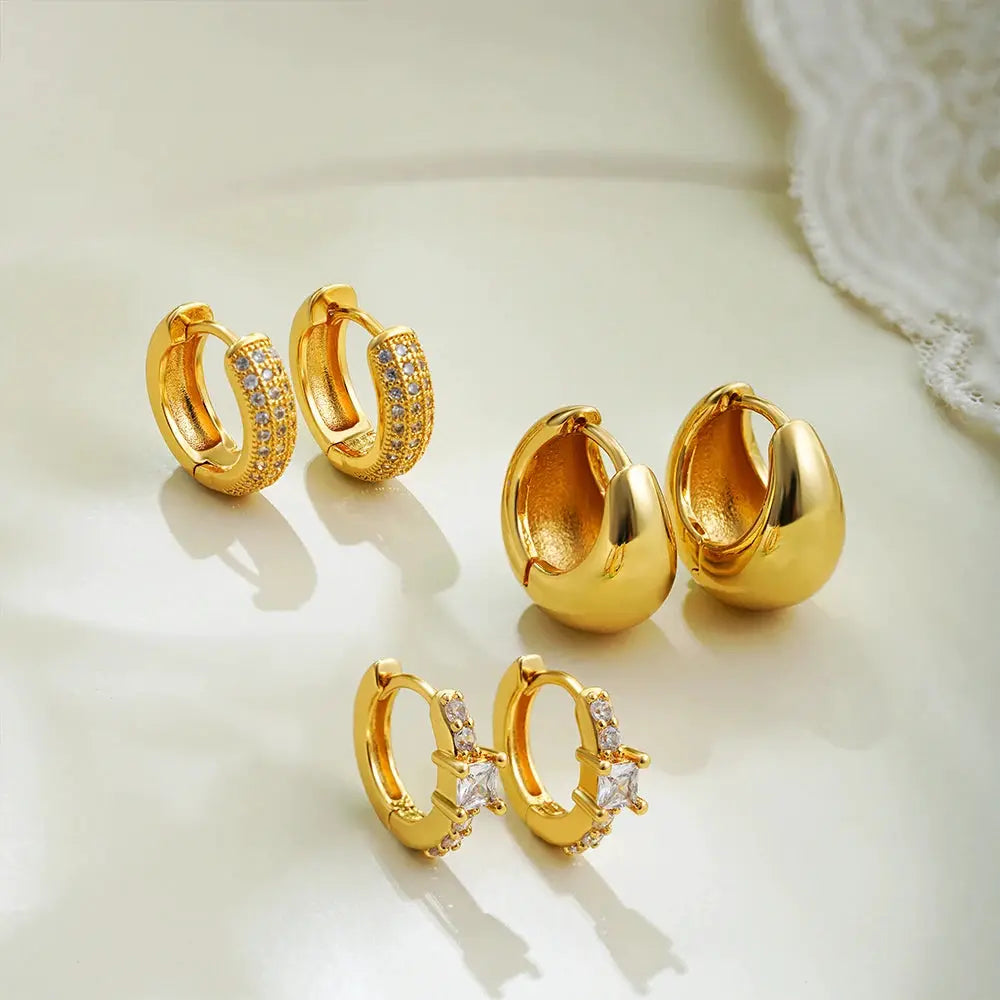 3pair/set Vintage Stainless Steel Simple Chunky Round Zircon Hoop Earrings Polished Gold Plated Rhinestone Huggie Ear Buckle New by Hegichi