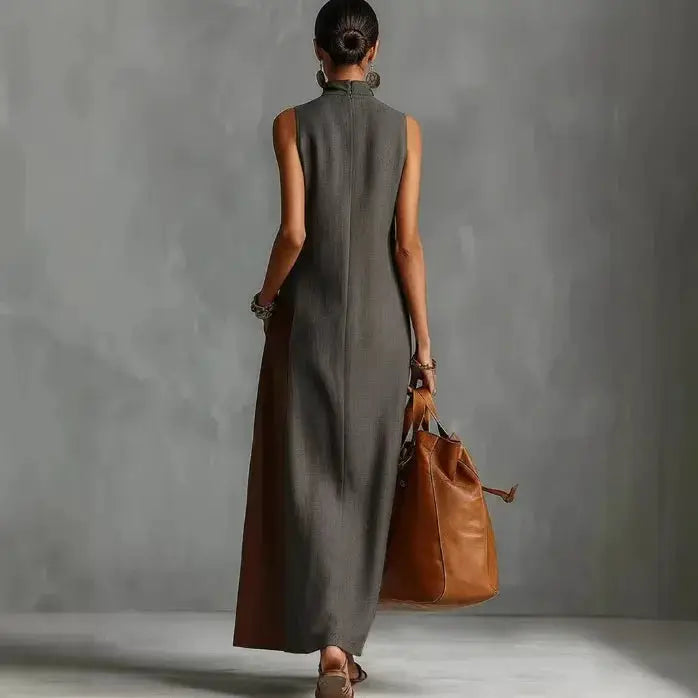 Bohemian Women's Maxi Dress Vest Type Color Block Summer Beach Dress Loose Casual High Neck Cutout Long Dresses for Daily Wear by Adornity