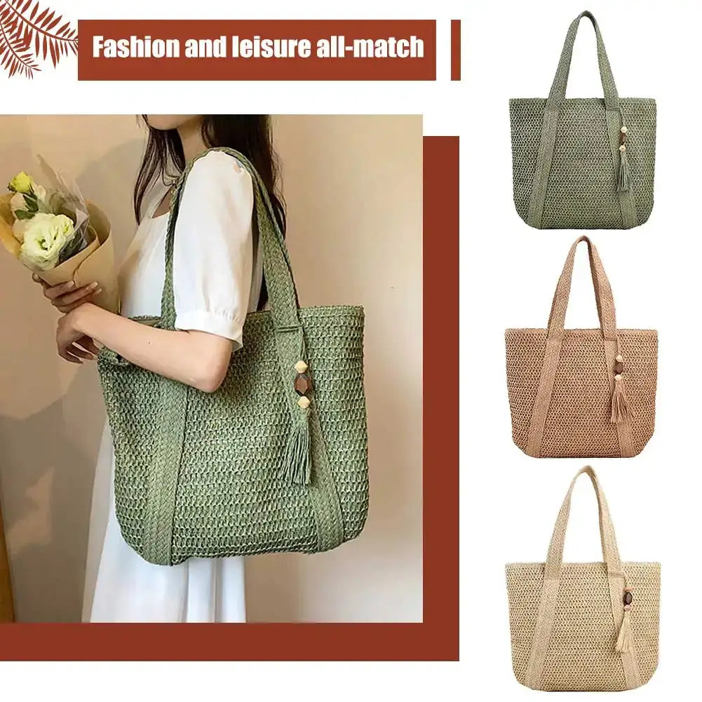 Summer Straw Women Bag Hand-Woven Handbags Handmade Raffia Beach Boho Shoulder Bag Large Tote Bag Tassel Shopping Purses by Hegichi