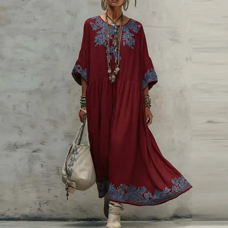 Ethnic Retro Floral Print Loose Maxi Dress Spring Elegant O Neck High Waist Party Dresses Casual Half Sleeve Bohemian Long Dress by Adornity