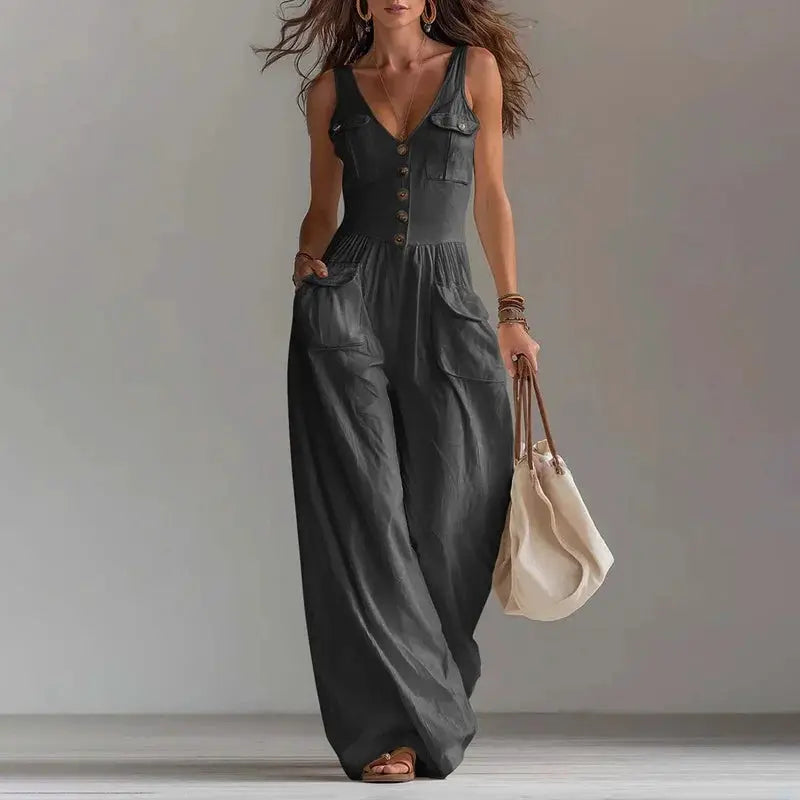 Sexy V Neck Button Wide Leg Jumpsuit Elegant Solid High Waist Woman Romper 2026 Spring Summer Sleeveless Vacation Beach Overalls by Adornity