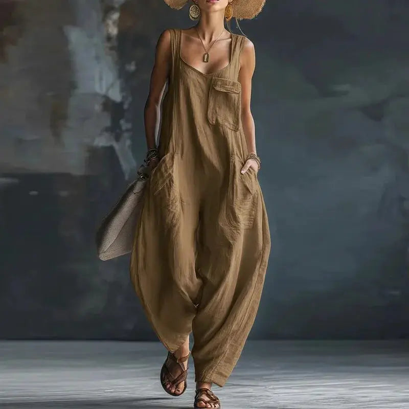 Elegant Square Collar Hollow Women's Jumpsuits 2026 Spring Solid Sleeveless Office Rompers Summer Baggy Trousers Pocket Overalls by Adornity