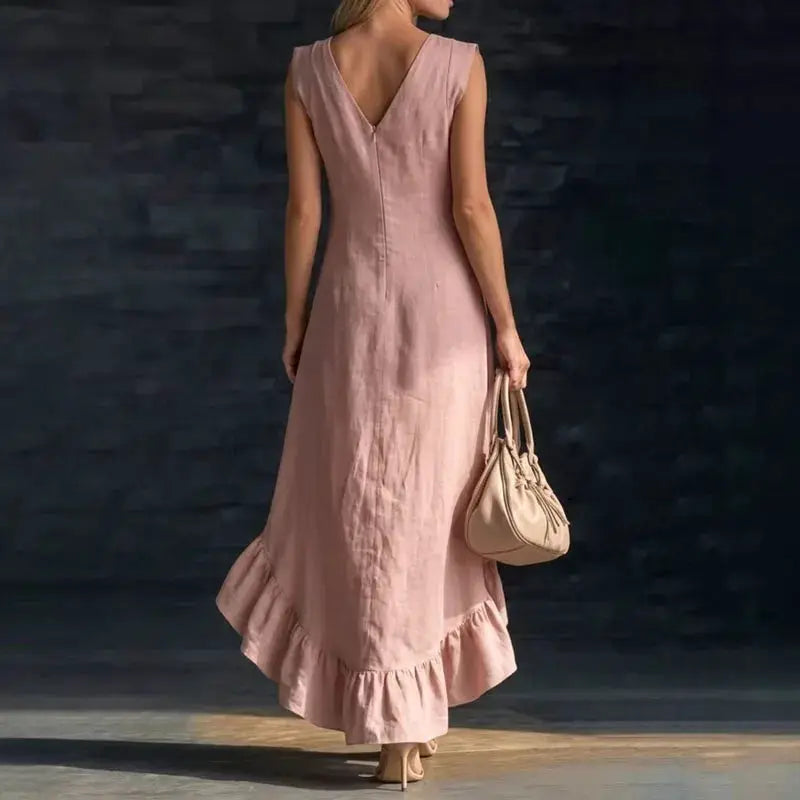 2026 Spring Sexy V Neck Solid Long Dresses Woman Elegant Ruffle Hem Irregular Party Dresses Summer Sleeveless Casual Beach Dress by Adornity