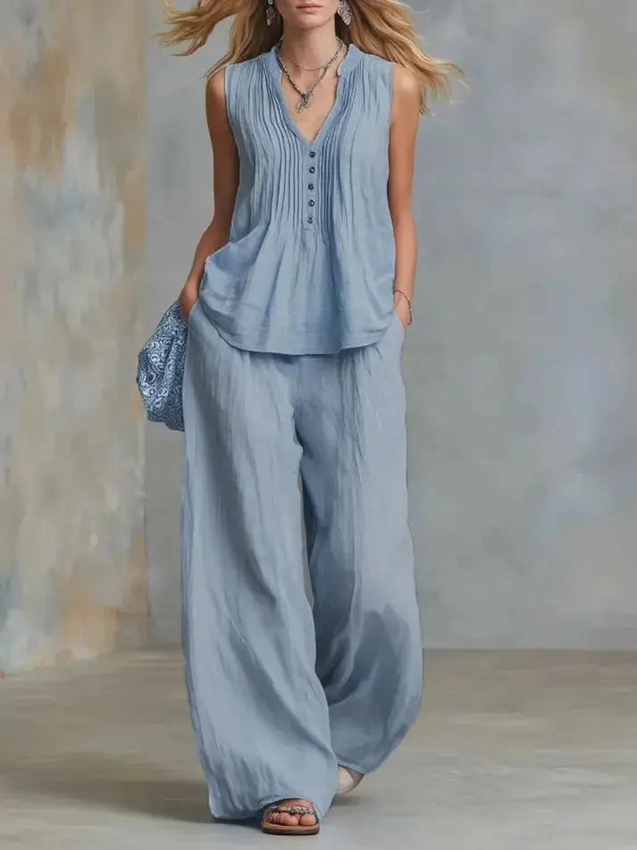 lady Button Splicing Design Top+wide Leg Pants Two-piece Set Women's Summer Fashion Sleeveless V-neck Top Pants Office Outfit by Adornity