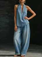 2026 Summer Women Sleeveless Denim Suit V-Neck High Waist Casual Loose Pants Outfit Simple Chic Two Pieces Loungewear Sets by Adornity