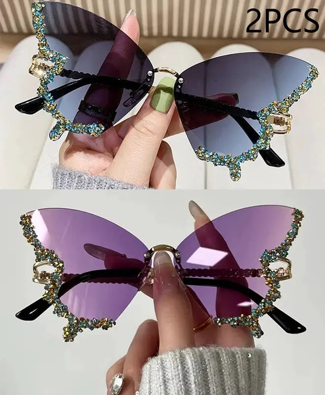 Luxury Diamond Butterfly Sunglasses Women Brand Y2K Vintage Rimless Oversized Sun Glasses Ladies Eyewear by Hegichi