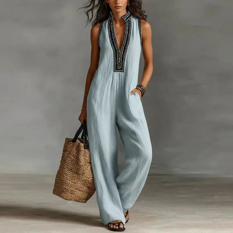 Sexy Deep V Neck Hollow Women's Jumpsuits Vintage Printed High Waist Slim Office Romper Spring Summer Sleeveless Pocket Overalls by Adornity