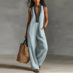 Sexy Deep V Neck Hollow Women's Jumpsuits Vintage Printed High Waist Slim Office Romper Spring Summer Sleeveless Pocket Overalls by Adornity