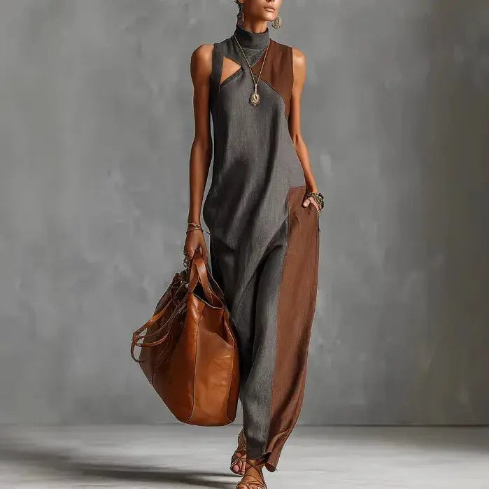 Bohemian Women's Long Dress Summer Color Block Beach Tank Dress Loose Casual High Neck Cutout Maxi Dresses Streetwear Colthing by Adornity
