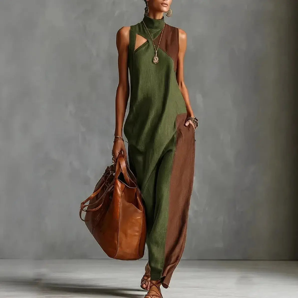 Bohemian Women's Maxi Dress Vest Type Color Block Summer Beach Dress Loose Casual High Neck Cutout Long Dresses for Daily Wear by Adornity