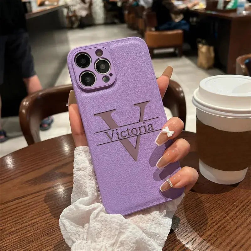 Personalized Customized Initials Name Case For iPhone 17 16 15 14 13 12 11 Pro Max Plus Big Letter Laser Engraving Leather Cover by Hegichi