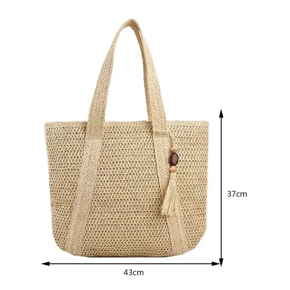 Summer Straw Women Bag Hand-Woven Handbags Handmade Raffia Beach Boho Shoulder Bag Large Tote Bag Tassel Shopping Purses by Hegichi
