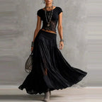 Women's Solid Lace Patchwork Sheer Maxi Skirt Set 2026 Summer Elegant Short Sleeve Crop Top & Long Skirt Outfit Spring Boho Suit by Adornity