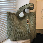 Summer Straw Women Bag Hand-Woven Handbags Handmade Raffia Beach Boho Shoulder Bag Large Tote Bag Tassel Shopping Purses by Hegichi