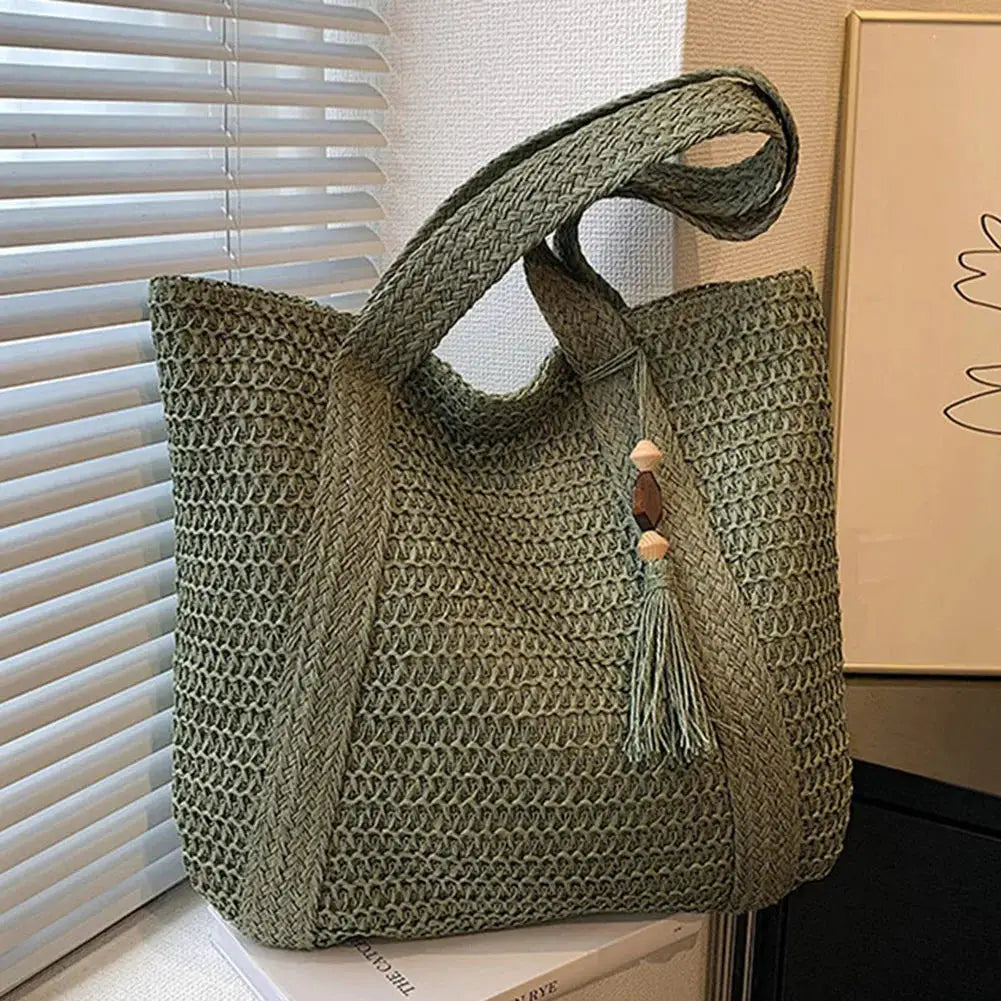 Summer Straw Women Bag Hand-Woven Handbags Handmade Raffia Beach Boho Shoulder Bag Large Tote Bag Tassel Shopping Purses by Hegichi
