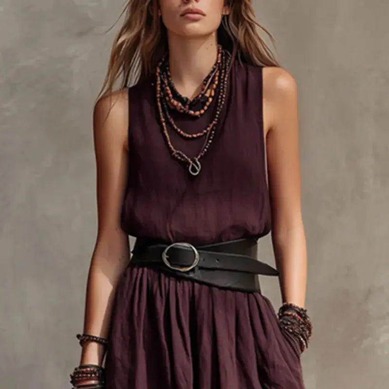 Summer Women Loose Fit Sleeveless Maxi Dress Round Neck High Waist Pleated Long dress Casual Daily Beach Vacation Bohemian Dress by Adornity