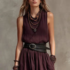 Summer Women Loose Fit Sleeveless Maxi Dress Round Neck High Waist Pleated Long dress Casual Daily Beach Vacation Bohemian Dress by Adornity