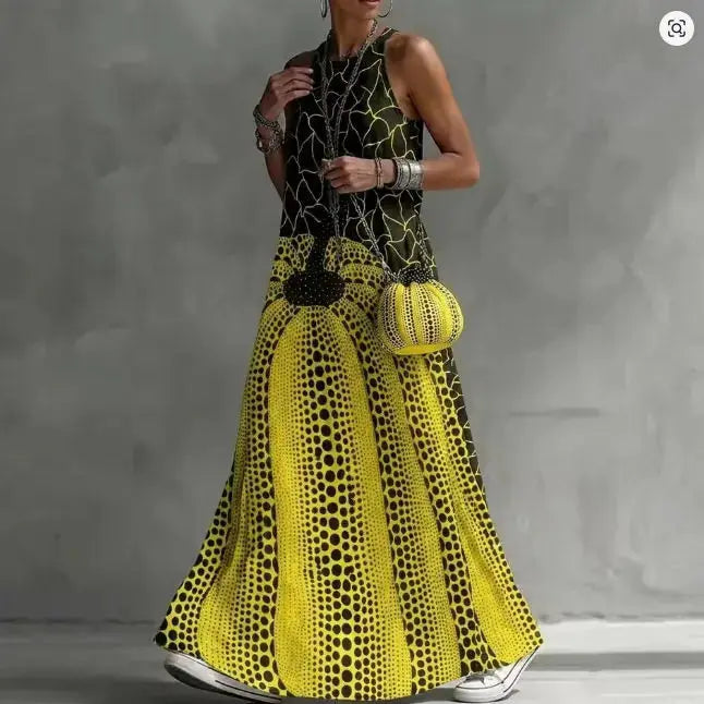Women's Fashion Abstract Printed Round-Neck Maxi Dresses 2026 New Sleeveless Loose Casual Vacation Party Long Dress Sundress by Adornity