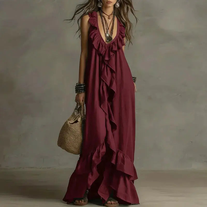 Women's Boho Ruffle Irregular Hem Maxi Dress Spring Deep V Neck Loose Party Long Dresses New Summer Sleeveless Solid Beach Dress by Adornity