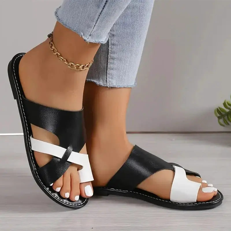 Mix Color Flat Sandals Women 2026 Summer Pu Leather Clip Toe Outdoor Slippers Woman Plus Size 43 Non Slip Beach Slide Flip Flops by Hegichi