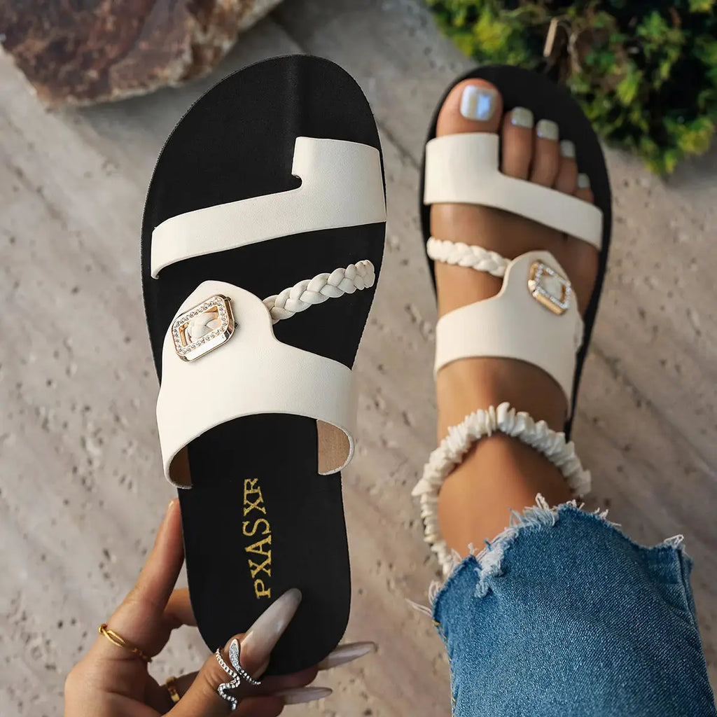 Summer Ladies Flat Sandals Fashion Diamond Buckle Elegant Woven Strap Comfortable Easy-To-Wear Thong Slippers by Hegichi