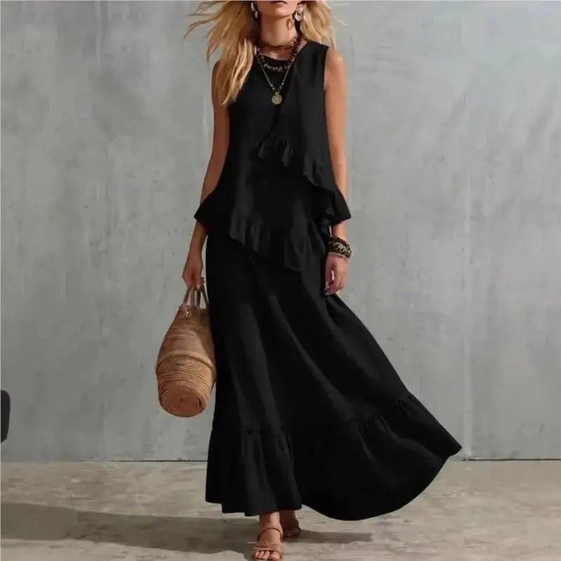 Women's Two-piece Sleeveless Irregular Ruffle Top Long Skirt 2026 Summer Cotton And Linen Fashion Casual Loose Solid Color Suit by Adornity