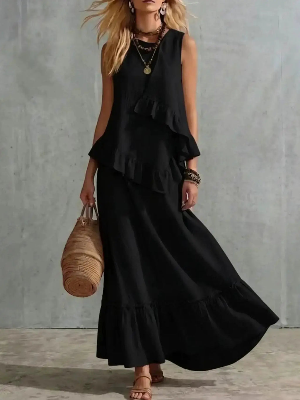 Women's Two-piece Sleeveless Irregular Ruffle Top Long Skirt 2026 Summer Cotton And Linen Fashion Casual Loose Solid Color Suit by Adornity