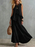 Women's Two-piece Sleeveless Irregular Ruffle Top Long Skirt 2026 Summer Cotton And Linen Fashion Casual Loose Solid Color Suit by Adornity