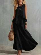 Women's Two-piece Sleeveless Irregular Ruffle Top Long Skirt 2026 Summer Cotton And Linen Fashion Casual Loose Solid Color Suit by Adornity
