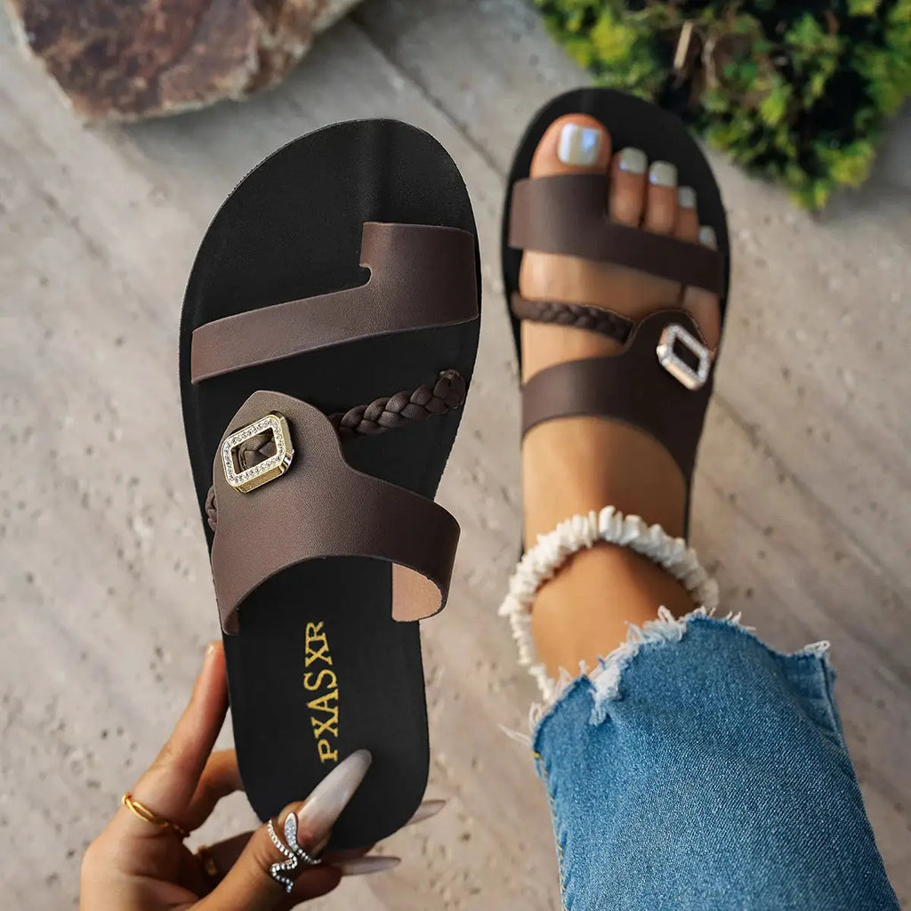 Summer Ladies Flat Sandals Fashion Diamond Buckle Elegant Woven Strap Comfortable Easy-To-Wear Thong Slippers by Hegichi