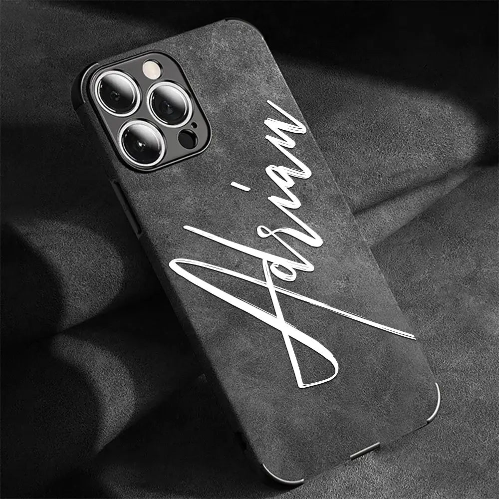 Large Brush Calligraphy Name Customized Phone Case For iPhone 16 15 14 13 12 11 Pro Max Lambskin Faux Leather Shockproof Cover by Hegichi