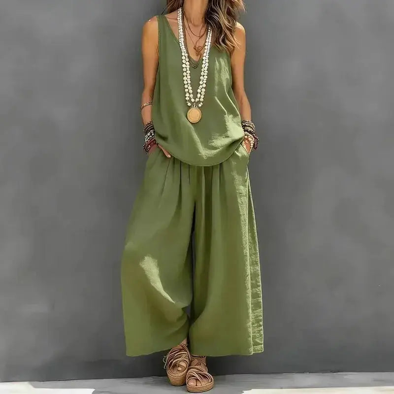 Boho Vacation Summer Beach Outfits Woman Sexy V Neck Hollow Top Wide Leg Pants Sets Spring Casual Sleeveless Loose Suit Harajuku by Adornity
