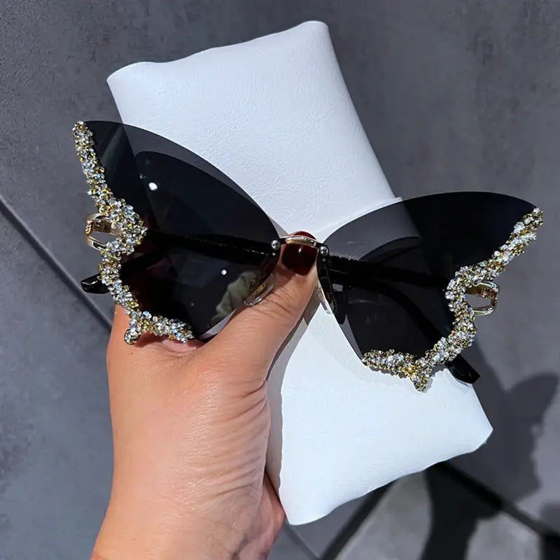 Luxury Diamond Butterfly Sunglasses Women Brand Y2K Vintage Rimless Oversized Sun Glasses Ladies Eyewear by Hegichi