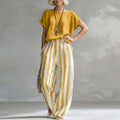 Sexy Crew Collar Top T-shirts Wide Leg Trousers Suit Woman Spring Striped Print Cotton Linen Set Summer Short Sleeve Boho Outfit by Adornity