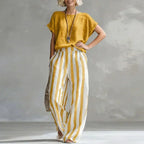 Sexy Crew Collar Top T-shirts Wide Leg Trousers Suit Woman Spring Striped Print Cotton Linen Set Summer Short Sleeve Boho Outfit by Adornity