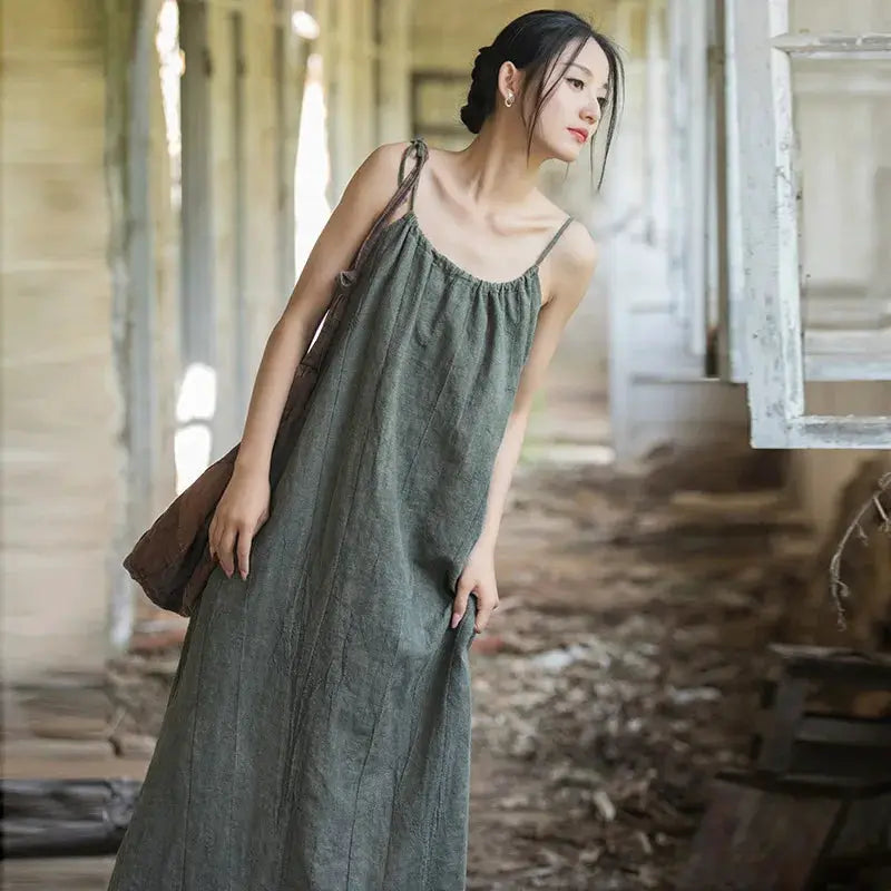 Johnature Women Vintage Ramie Cotton Spaghetti Strap Dress 2025 Summer New Female Solid Color Sleeveless Dresses by Adornity