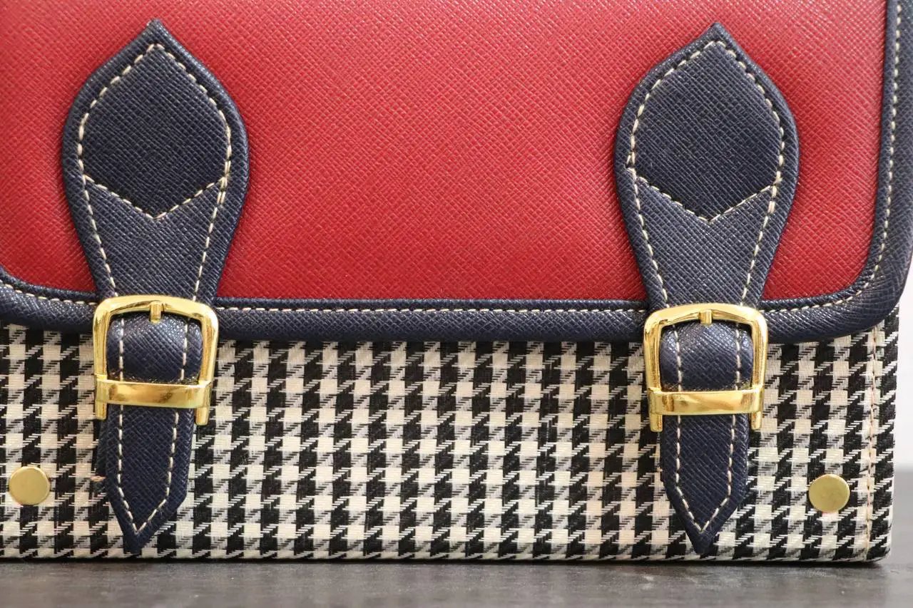 Vegan Leather Handbag – Handmade French Red Houndstooth Bag with Navy Buckle Straps by navichi