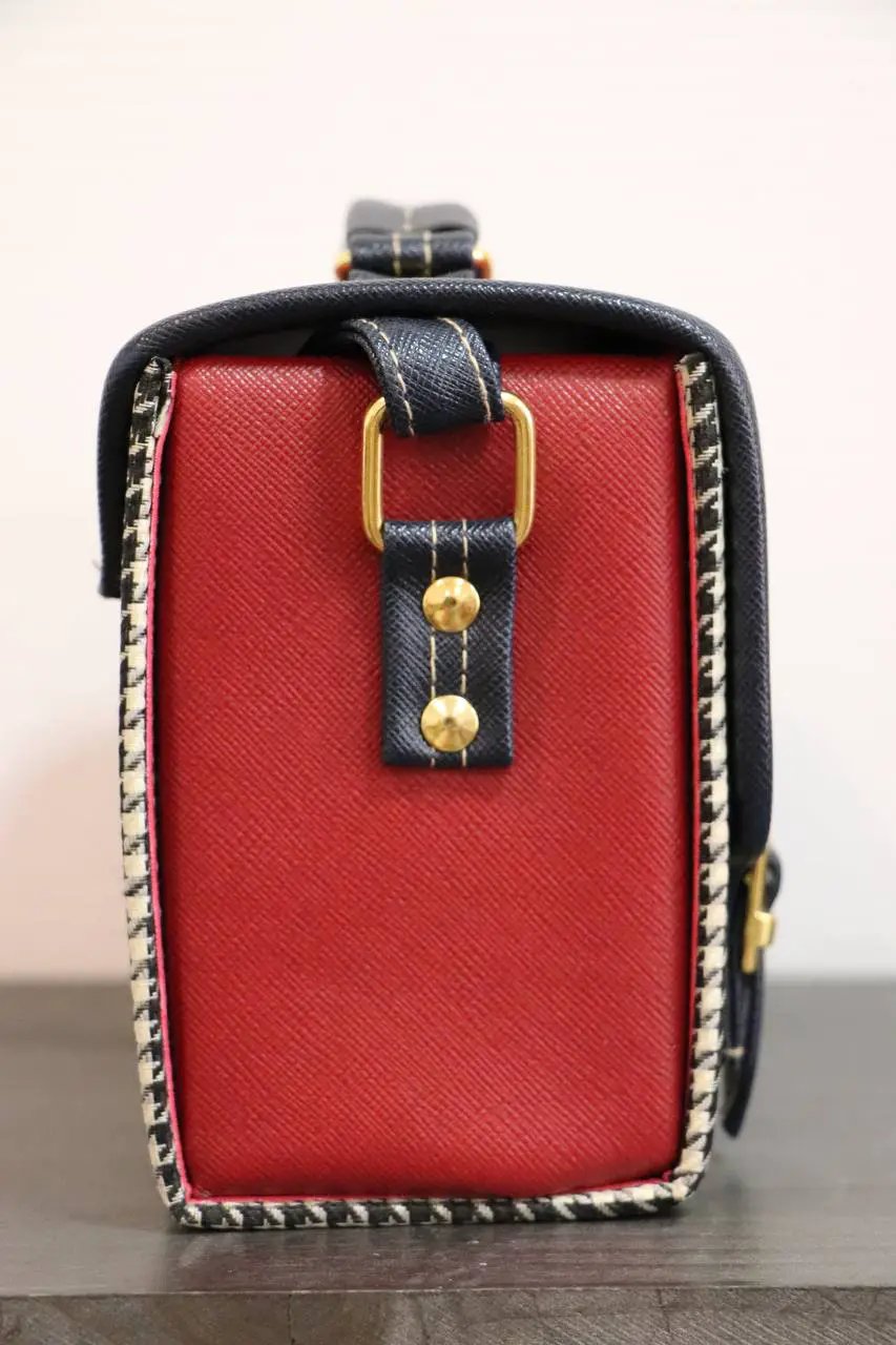 Vegan Leather Handbag – Handmade French Red Houndstooth Bag with Navy Buckle Straps by navichi
