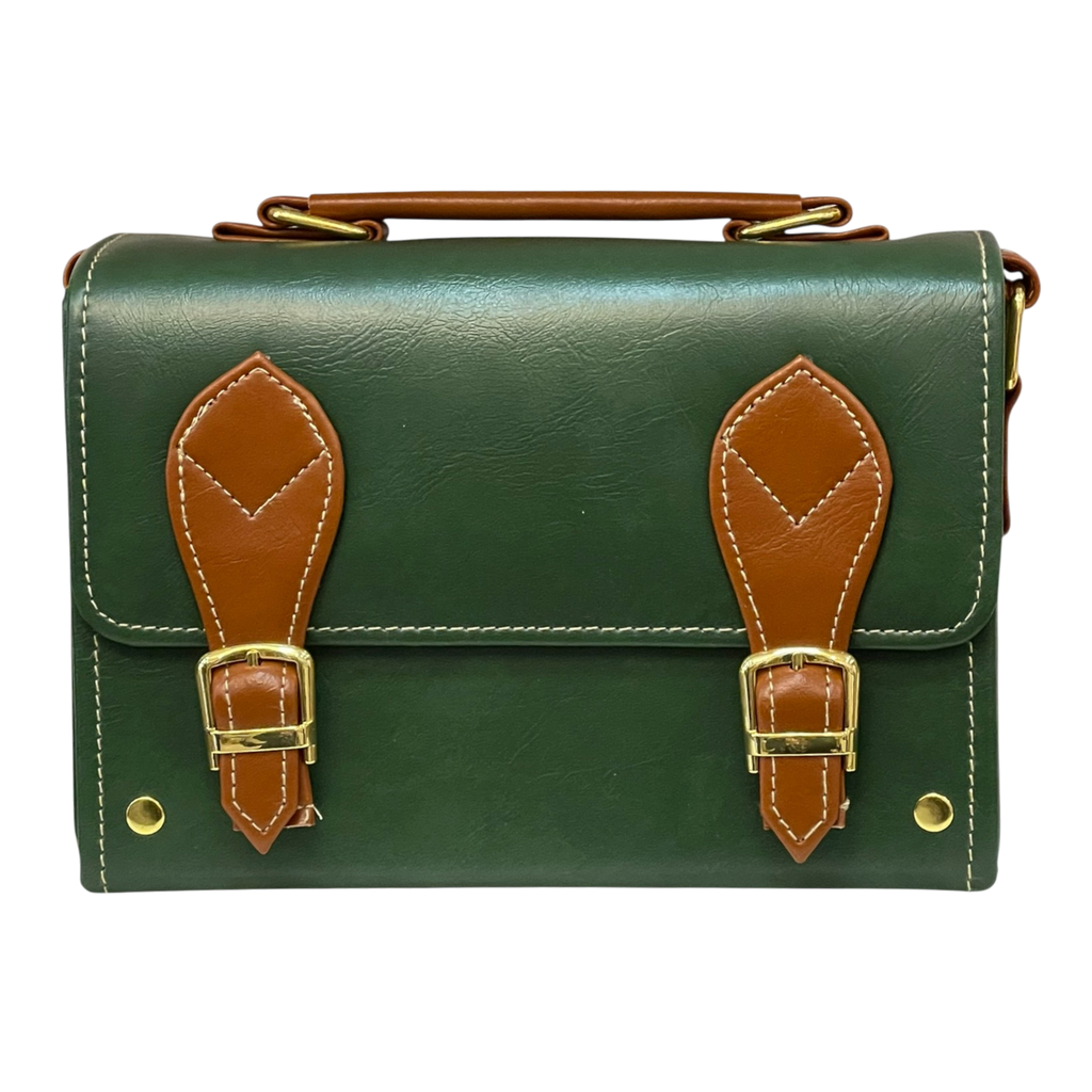 Vegan Leather Satchel – Handmade Green Brown Mini Crossbody Bag with Gold Buckle Closure by navichi