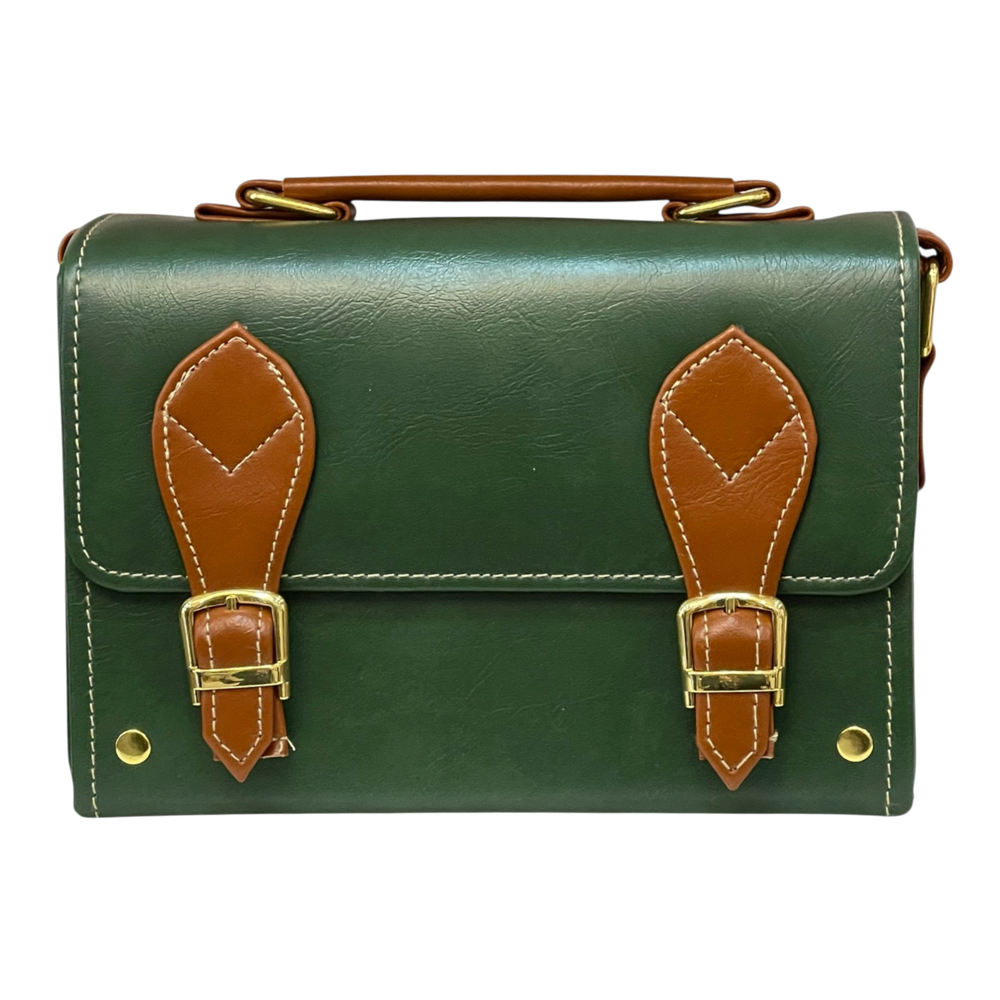 Vegan Leather Satchel – Handmade Green Brown Mini Crossbody Bag with Gold Buckle Closure by navichi