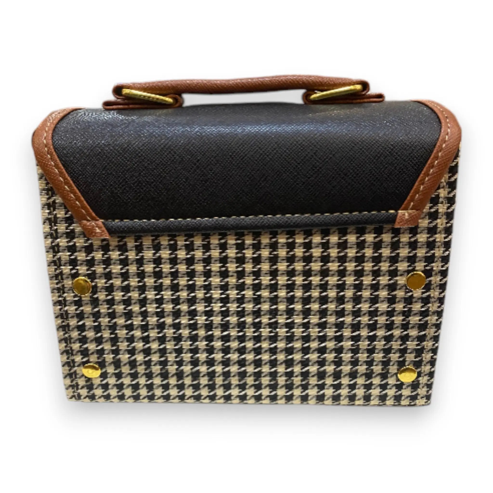 Vegan Leather Satchel – Handmade Structured Handbag with Houndstooth Pattern & Adjustable Strap by navichi