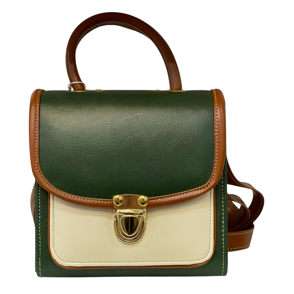 French Vegan Leather Handbag – Handmade Structured Mini Bag | Green Cream Brown by navichi