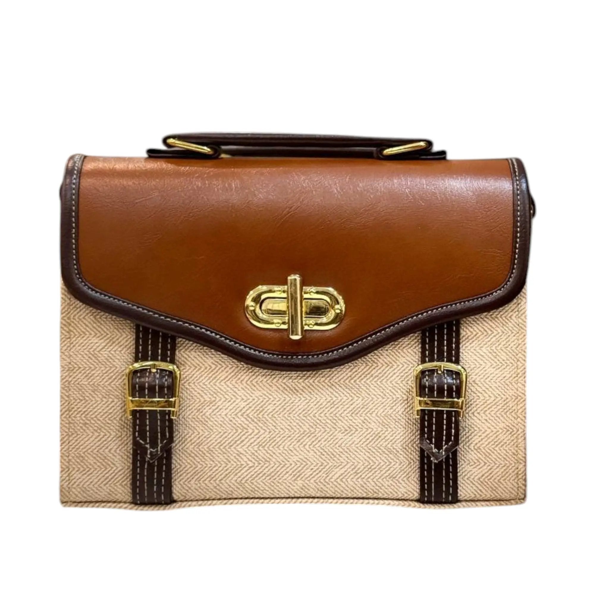 Canvas Leather Satchel – Vintage Brown Vegan Leather Bag With Gold Buckle by navichi