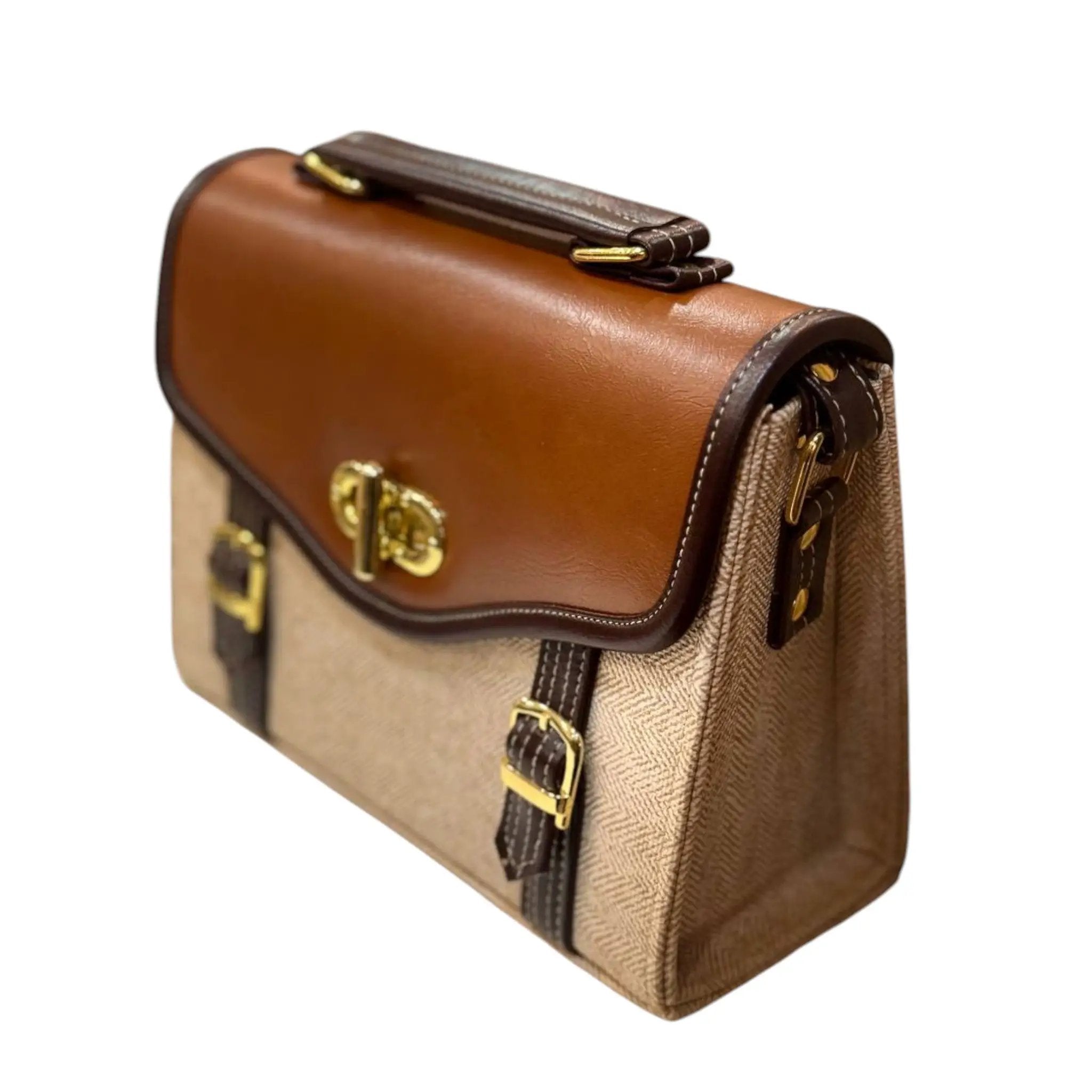 Canvas Leather Satchel – Vintage Brown Vegan Leather Bag With Gold Buckle by navichi